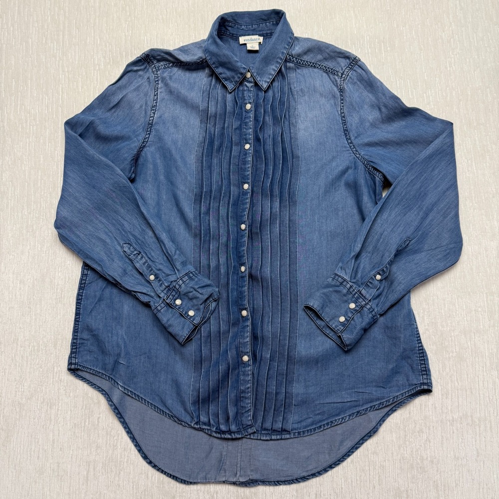 Sundance Denim Shirt Pearl Snap Womens Small Blue Tencel Pleated Western Prairie